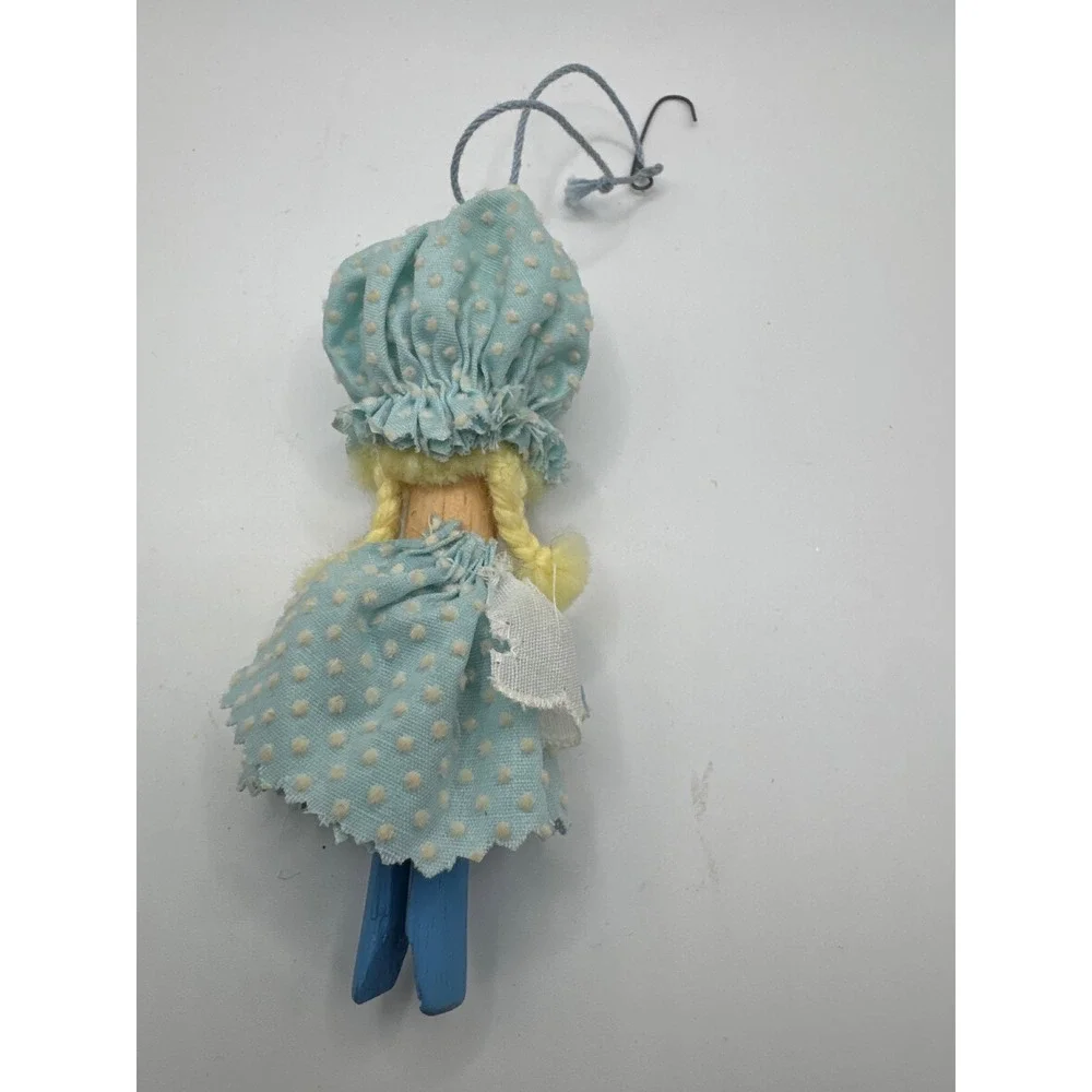 Vintage Handmade Clothespin Doll Ornament Blue Polka Dot Folk Art 4.5